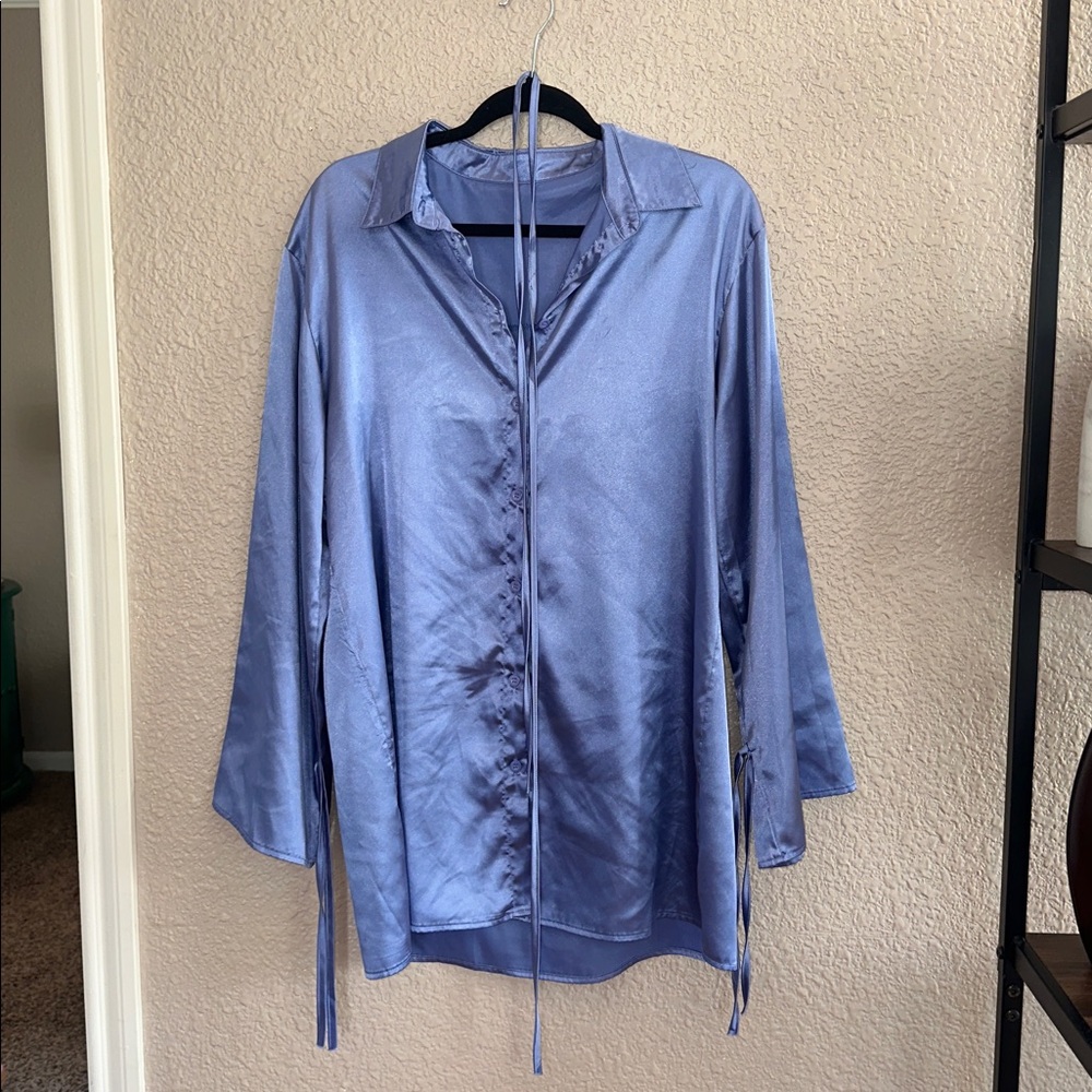 Satin Button-Up Blouse in Light Blue